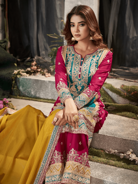 Pink and Blue Color Premium Chinnon Suit