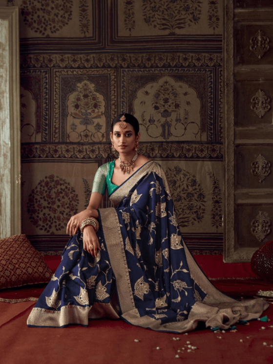 Navy Blue Color Banarasi Crepe Georgette Saree