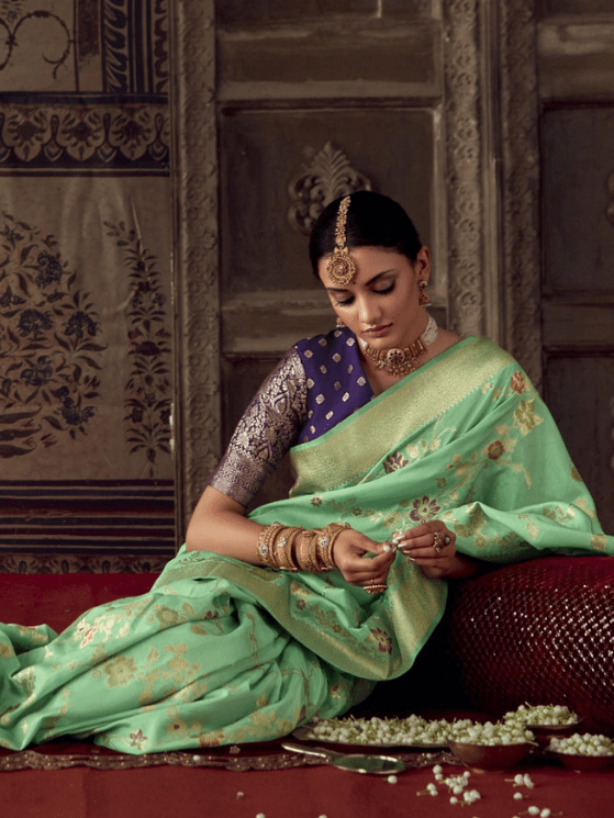 Mint Green Color Banarasi Crepe Georgette Saree