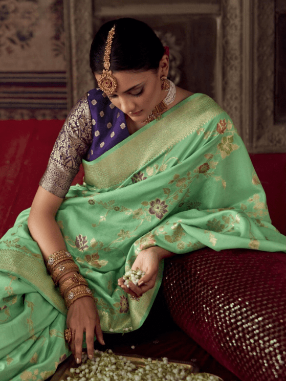 Mint Green Color Banarasi Crepe Georgette Saree