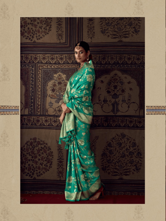 Firozi Blue Color Banarasi Crepe Georgette Saree