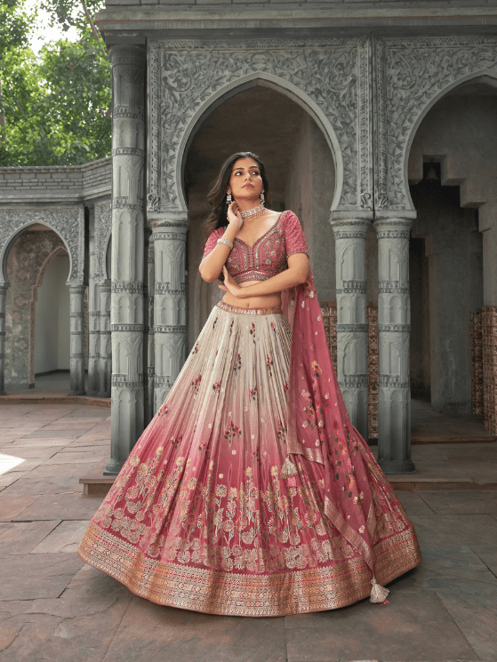 Pink and Grey Color Crap Jacard Silk Lehenga