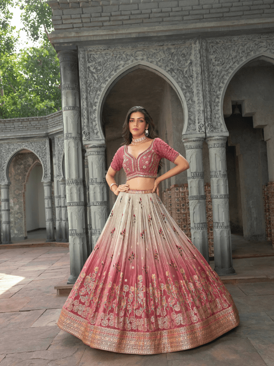 Pink and Grey Color Crap Jacard Silk Lehenga