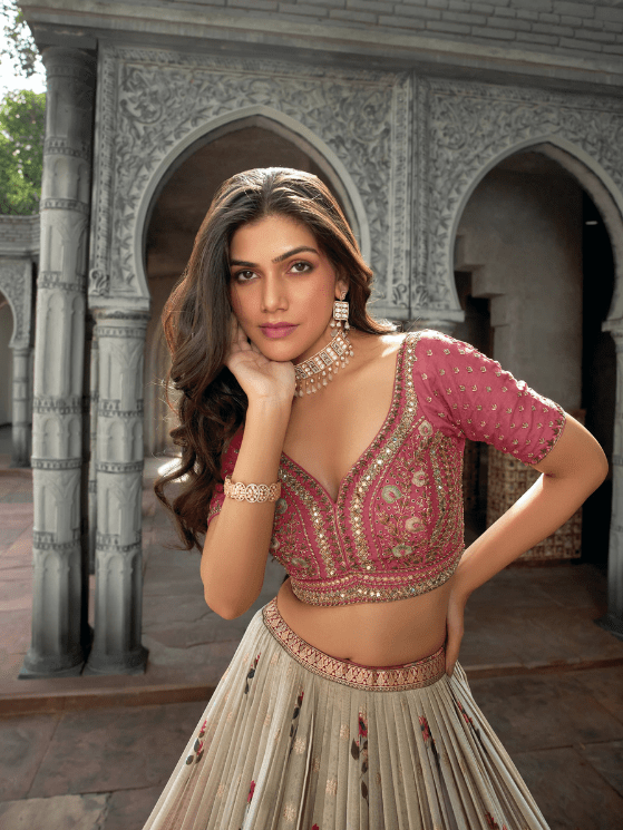 Pink and Grey Color Crap Jacard Silk Lehenga