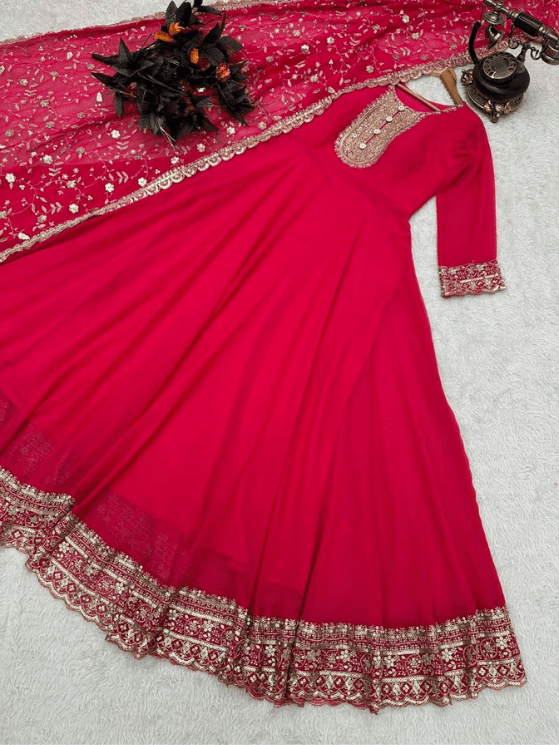 Pink Color Fox Georgette Embroidery Sequence Work Gown