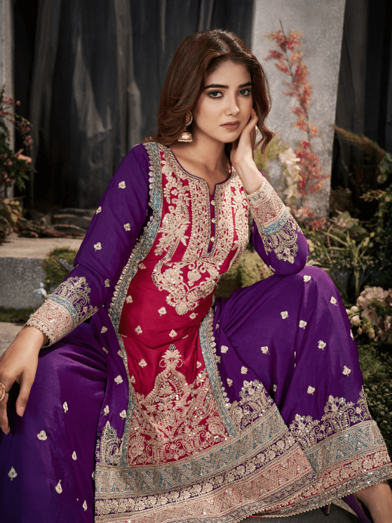 Violet and Pink Color Premium Chinnon Suit