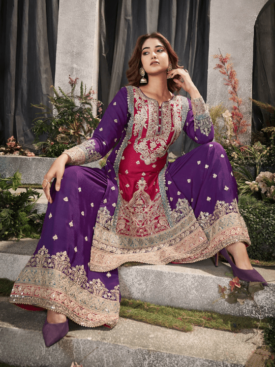 Violet and Pink Color Premium Chinnon Suit