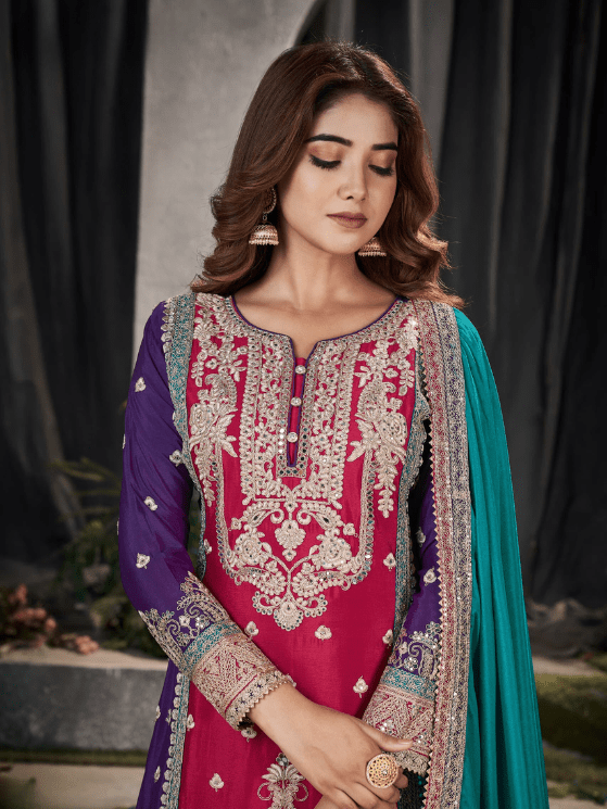 Violet and Pink Color Premium Chinnon Suit