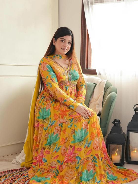 Yellow Color Premium Readymade Alia Cut Gown With Pant And Dupatta