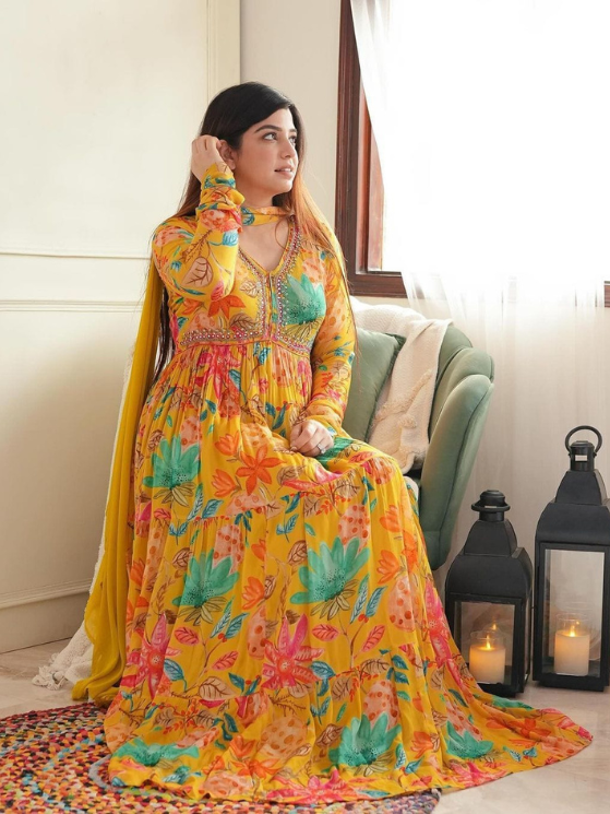 Yellow Color Premium Readymade Alia Cut Gown With Pant And Dupatta