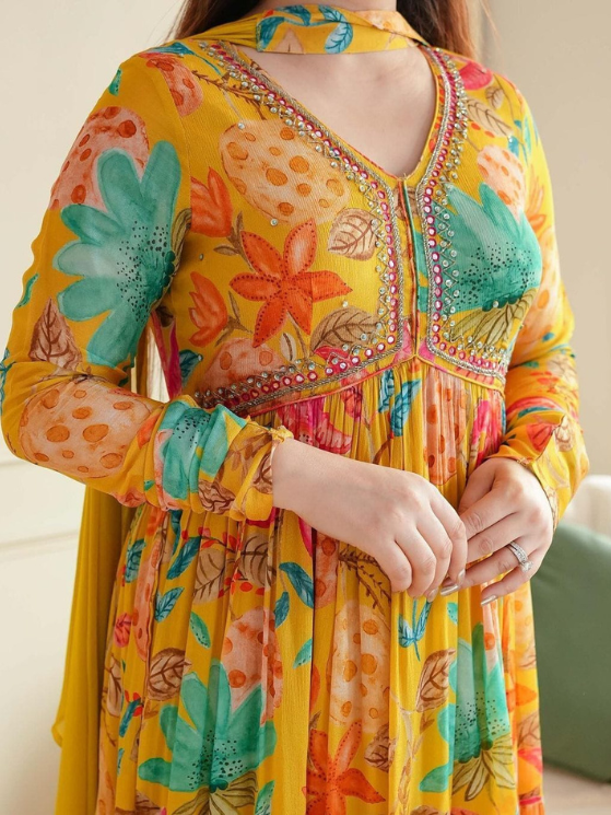 Yellow Color Premium Readymade Alia Cut Gown With Pant And Dupatta