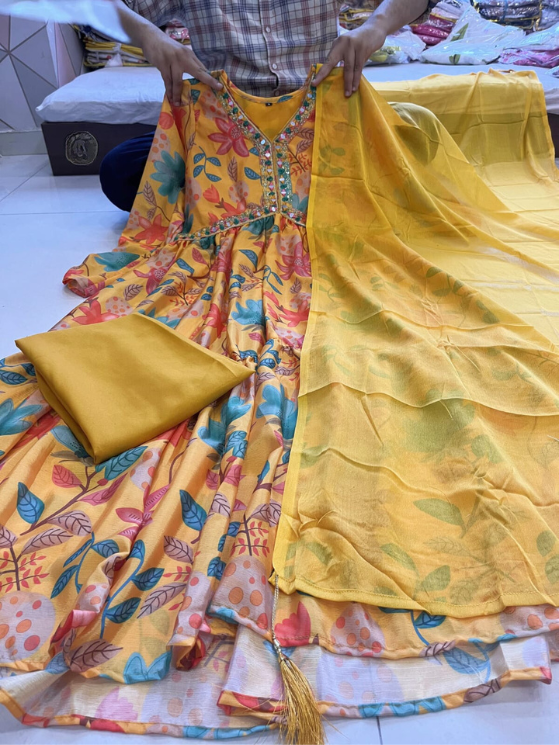Yellow Color Premium Readymade Alia Cut Gown With Pant And Dupatta