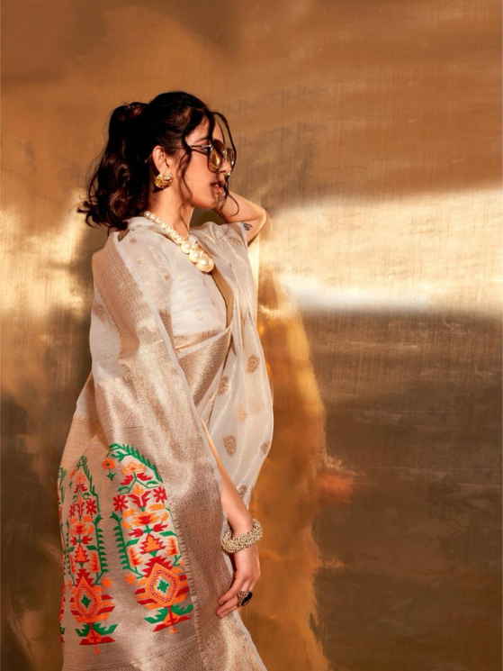 White Color Pathani Zari Tissue Handwoven Saree