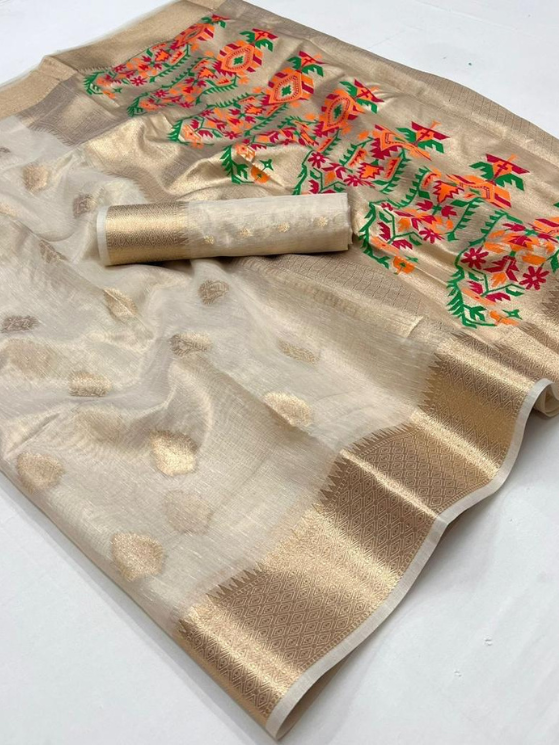 White Color Pathani Zari Tissue Handwoven Saree