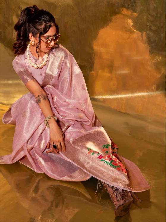 Pink Color Pathani Zari Tissue Handwoven Saree