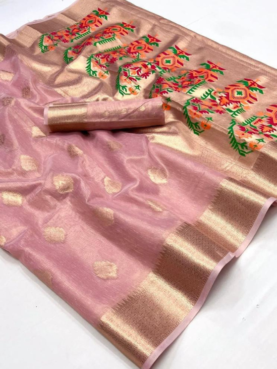 Pink Color Pathani Zari Tissue Handwoven Saree