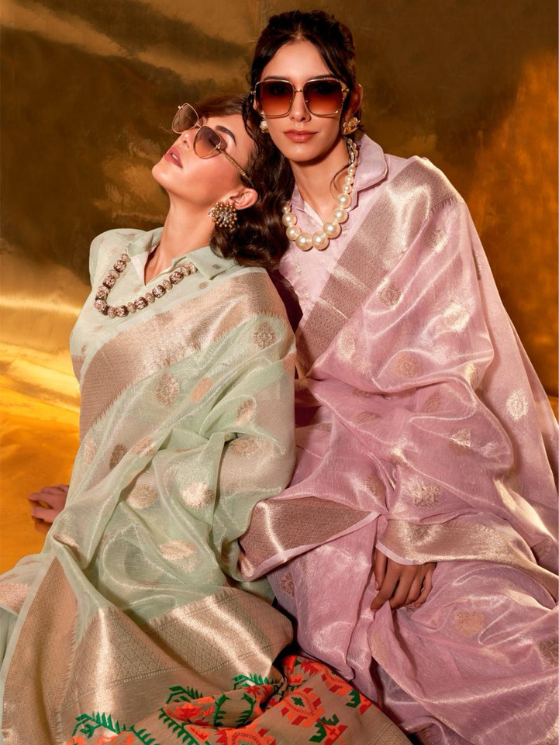 Pink Color Pathani Zari Tissue Handwoven Saree