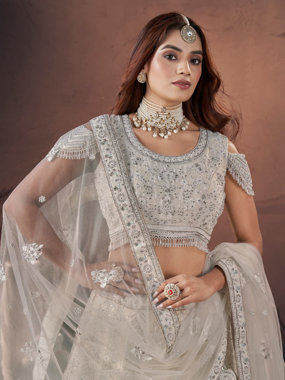 Off White Georgetta with Handwork Lehenga Choli