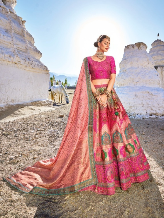 Pink - Green Banarasi Lehenga Choli