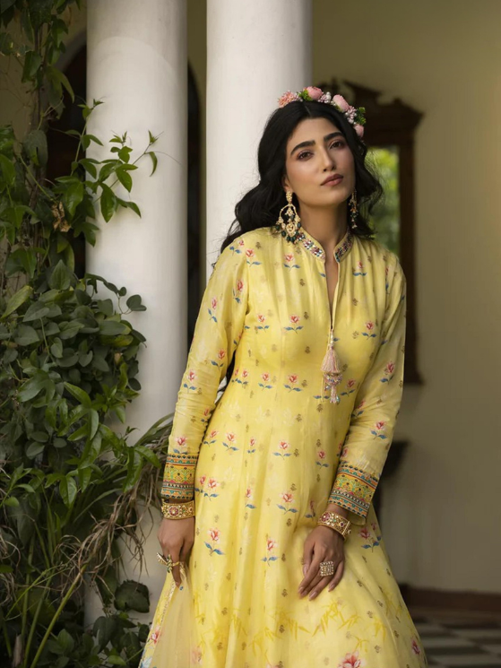 Yellow Pure Dola Jaqard Butti Gown