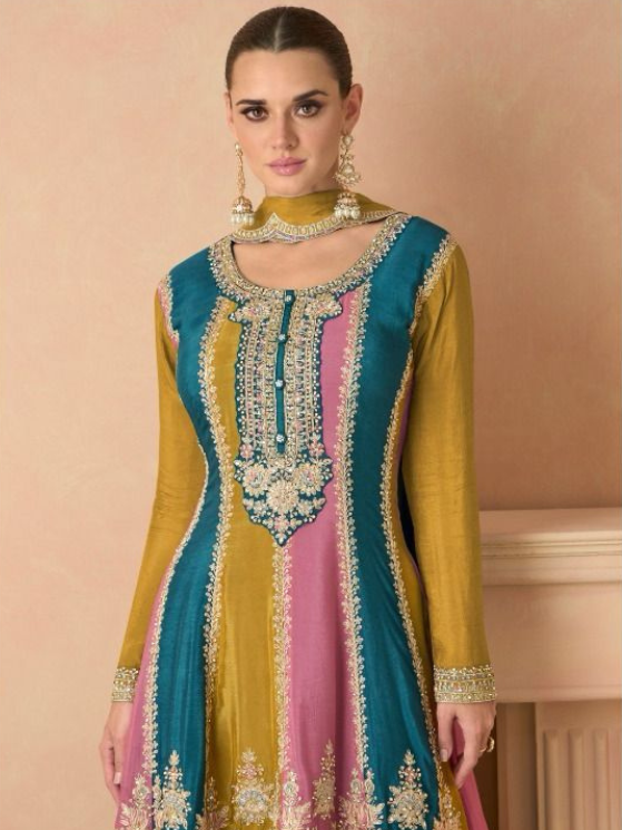 Yellow Real Chinon Designer Sarara Suit