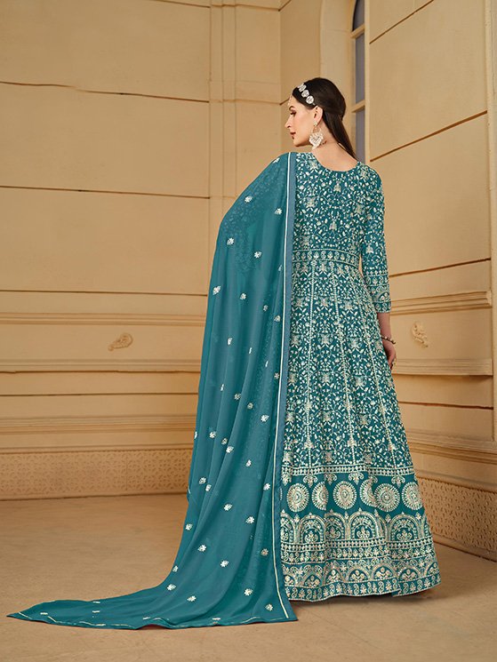 Firozi Faux Georgette Embroidery Work Eid Wear Gown With Dupatta