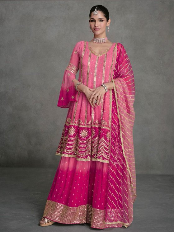 Ombre Rani Pink Georgette colour Embroidered Georgette Pakistani Suit