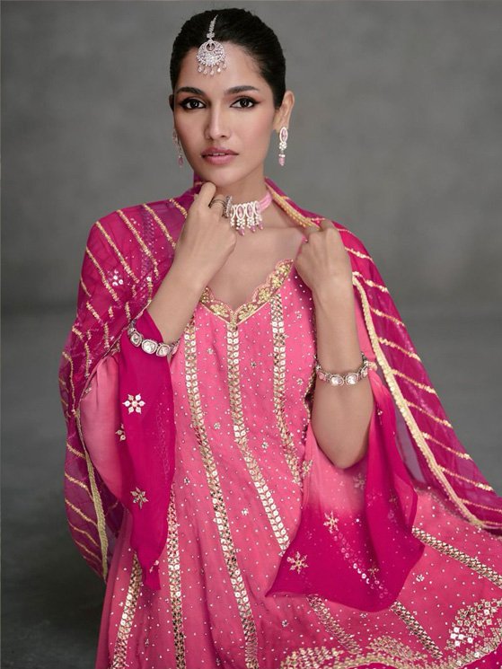 Ombre Rani Pink Georgette colour Embroidered Georgette Pakistani Suit