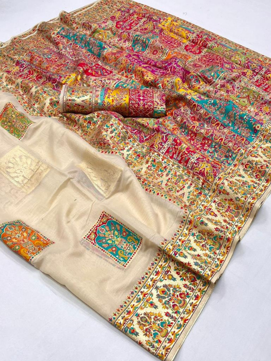 Beige Modal Silk - Kashmiri Saree