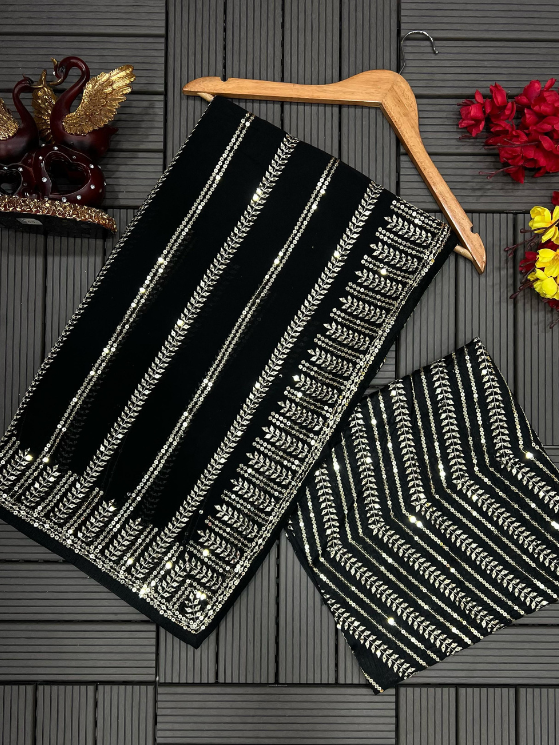 Soft Georgette C Pallu Sequence Embroidery Work Saree