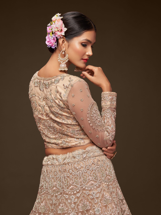 Beige Glitter Dori and Zari Embroidery Work Lehenga Choli