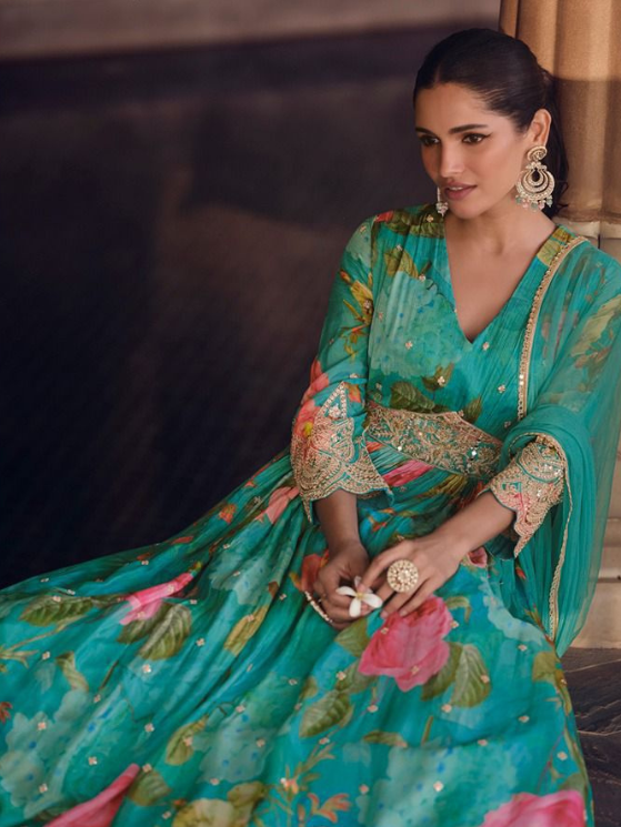 Turquoise Flared Georgette Anarkali Gown with Dupatta