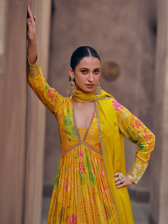 Yellow Flared Georgette Anarkali Gown with Dupatta
