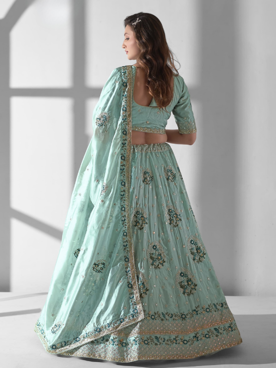 Mint Blue Embroidered Organza Designer Lehenga Choli