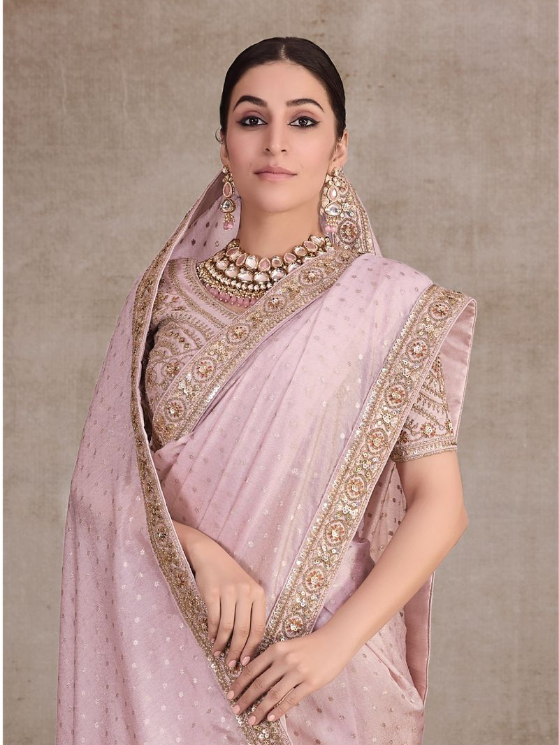 Rose Pink Colour Heavy Embroidery Organza Saree