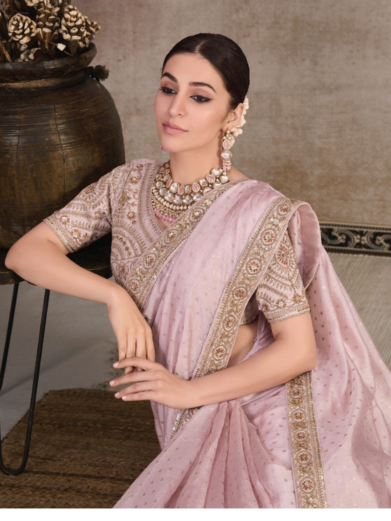 Rose Pink Colour Heavy Embroidery Organza Saree