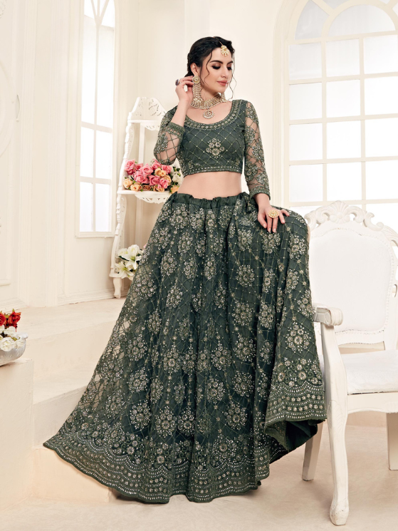 Olive Green Designer Heavy Embroidery Lehenga