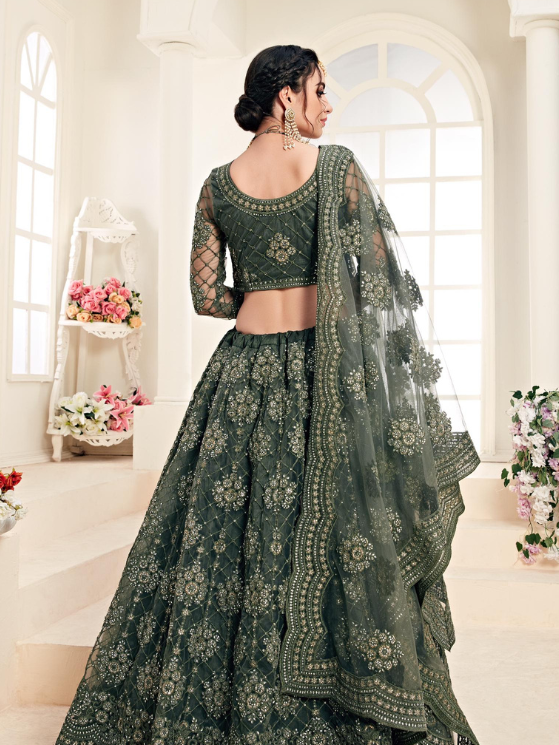 Olive Green Designer Heavy Embroidery Lehenga