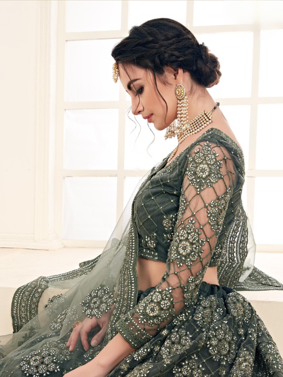 Olive Green Designer Heavy Embroidery Lehenga