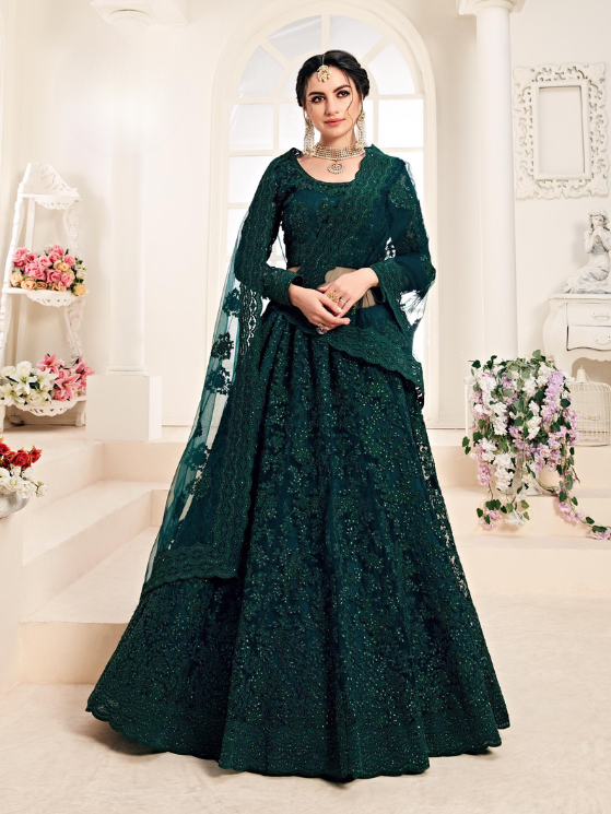 Dark Green Designer Heavy Embroidery Lehenga