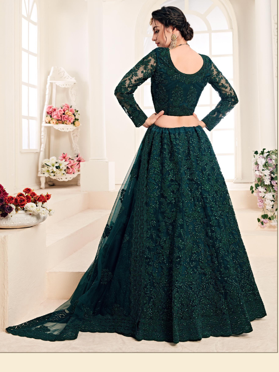 Dark Green Designer Heavy Embroidery Lehenga