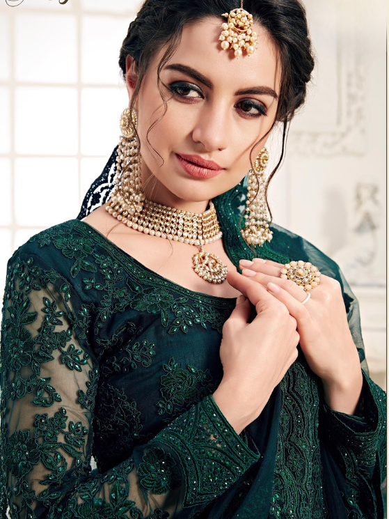 Dark Green Designer Heavy Embroidery Lehenga
