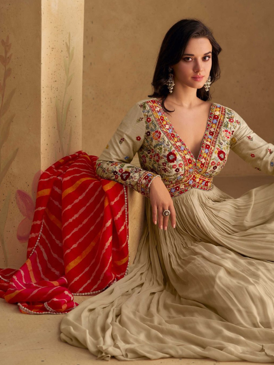 Beige Chinon Silk Anarkali Suit with Front and Back Embroidery