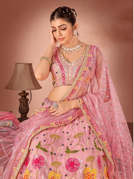 Ready to wear Pink Umbrella with Floral Embroidered Sequins Party Wear