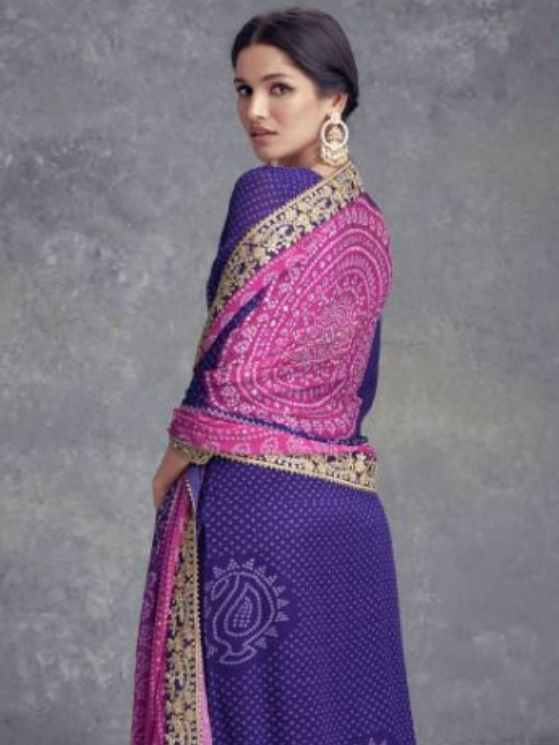 Purple Chinon Embroidery With Mirror Work Digital Print plazzo suit
