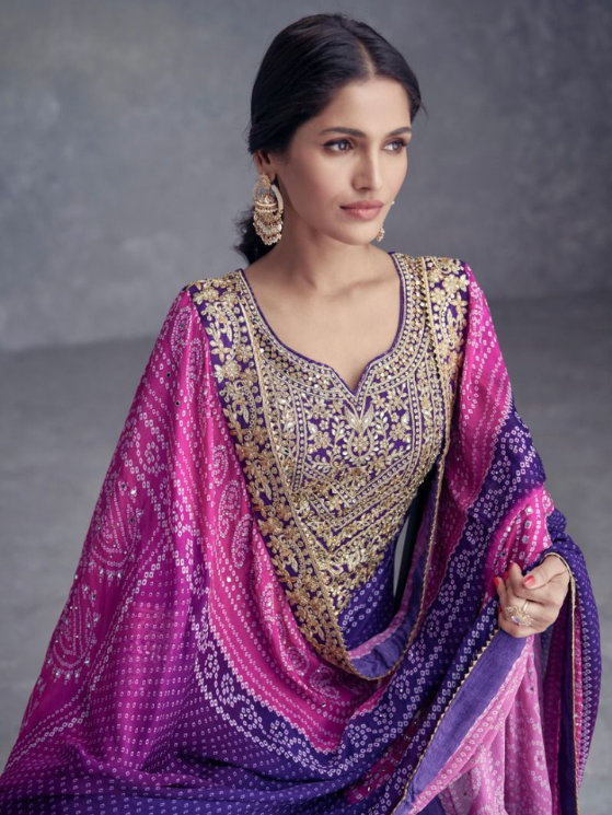 Purple Chinon Embroidery With Mirror Work Digital Print plazzo suit