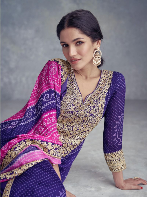 Purple Chinon Embroidery With Mirror Work Digital Print plazzo suit