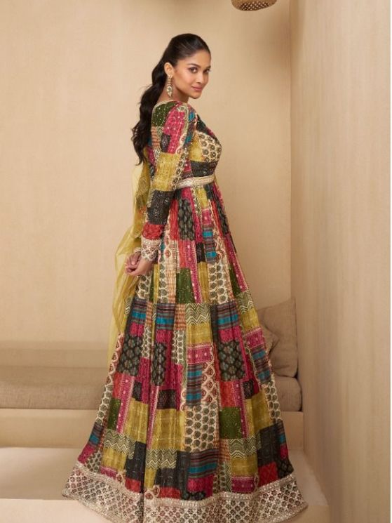 Colourful Digital Printed Faux Georgette Gown With Dupatta