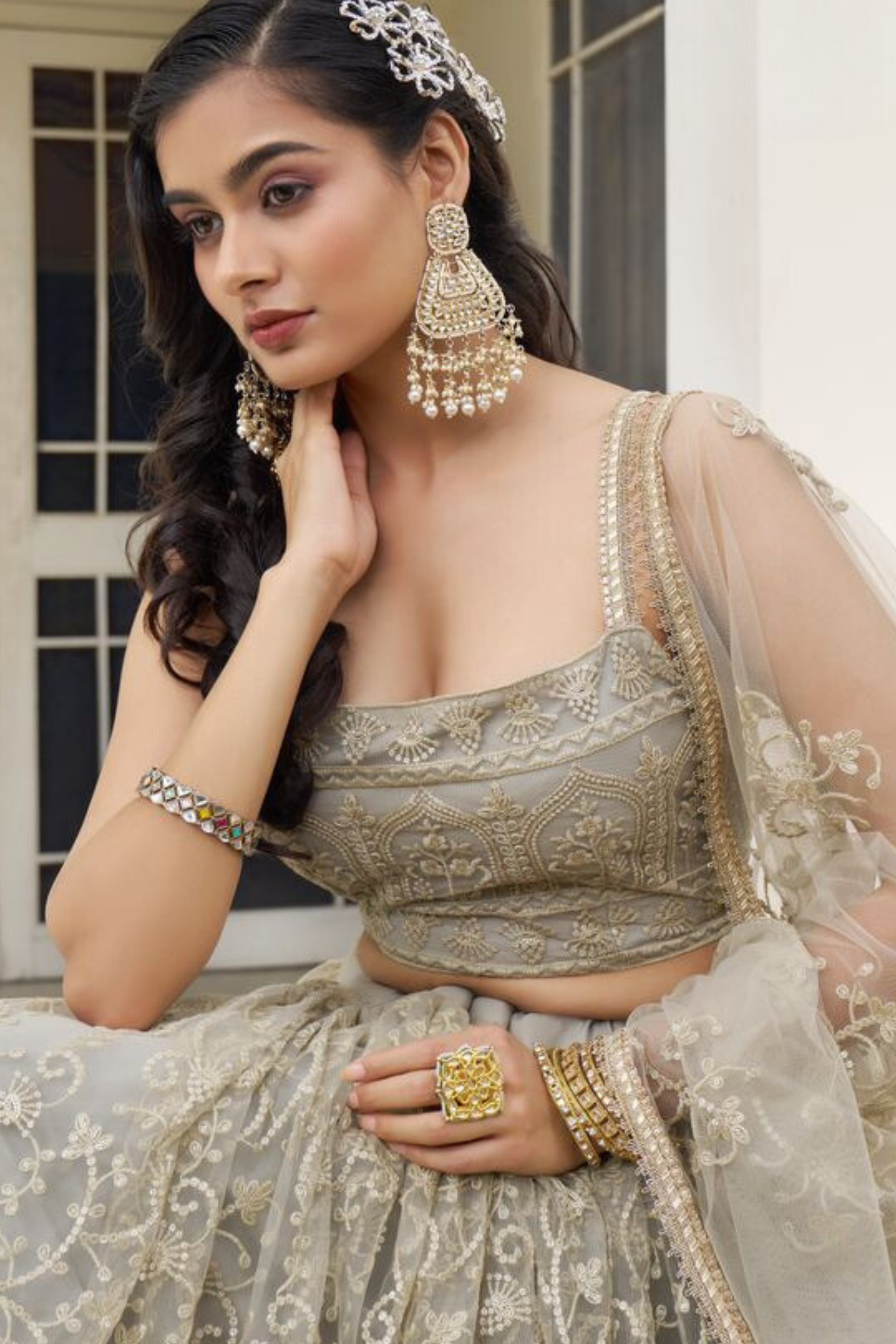 Light Beige Butterfly Net Embroidered Lehenga Choli