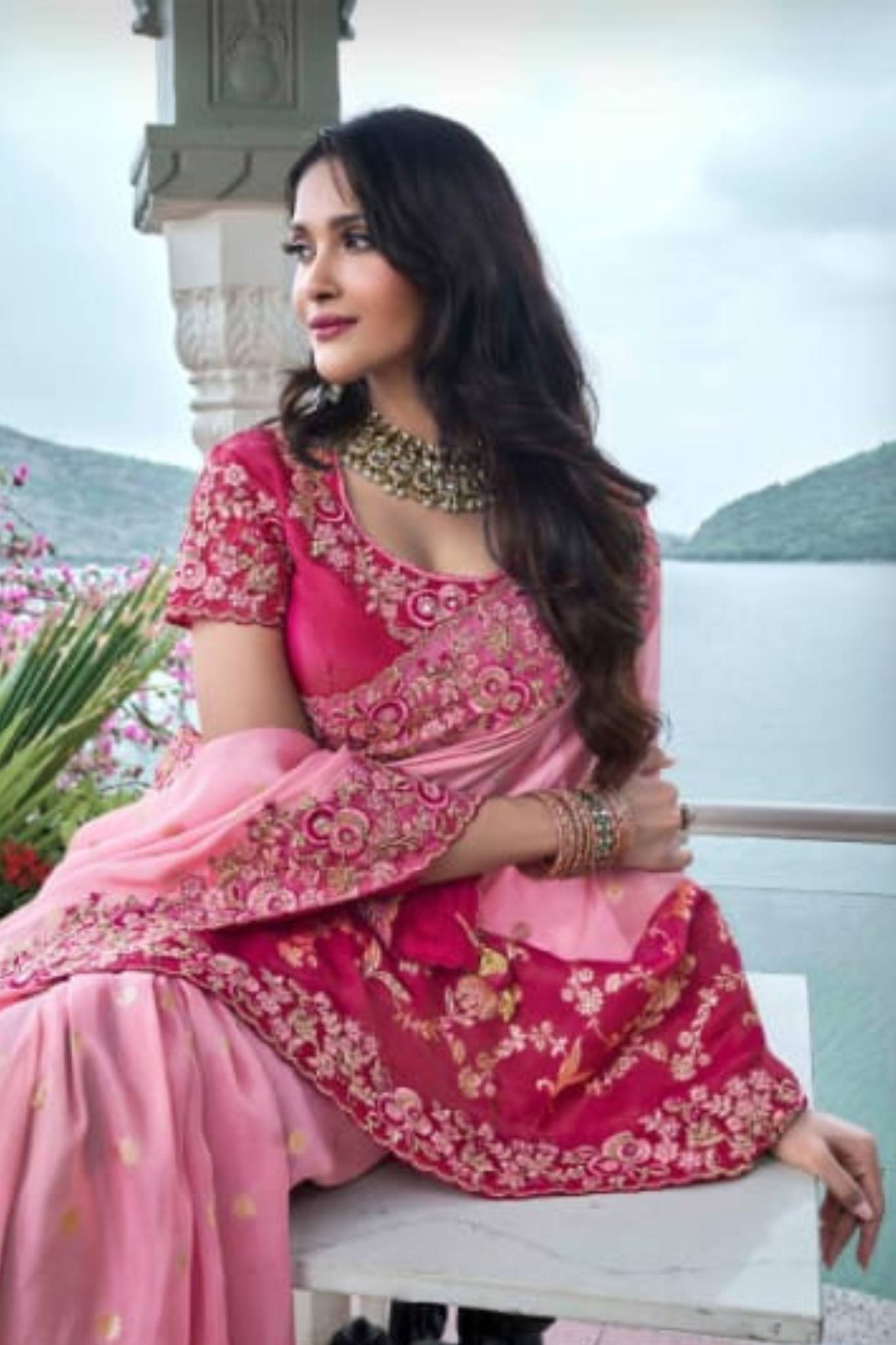 Pink Pure Tissue Silk Fabric With Embroidery Stone Real Mirror Work